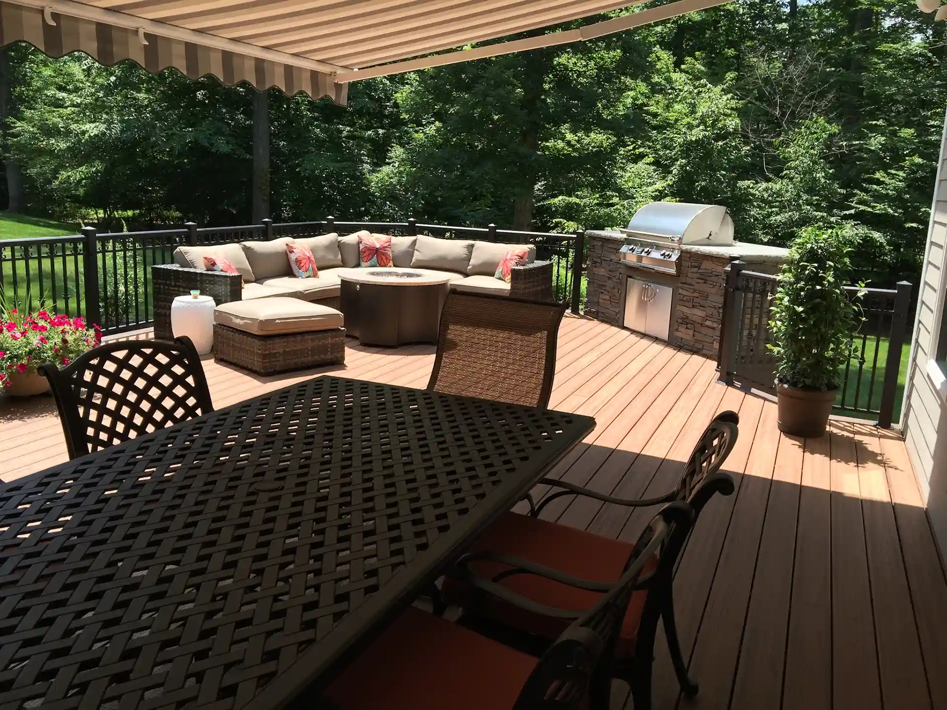 Close-up of a retractable awning frame and fabric, emphasizing the craftsmanship and materials used in My Deck installations.
